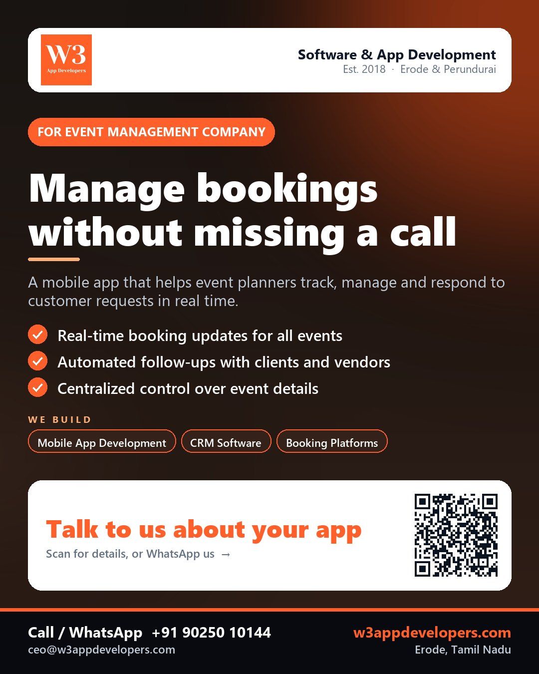 W3AppDevelopers helps event management companies create custom apps for better bookings and client communication.