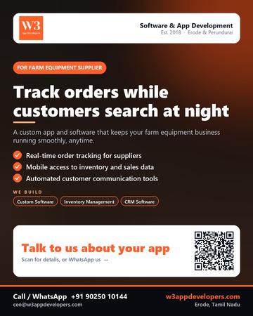 W3AppDevelopers poster for Farm equipment supplier: Track orders while customers search at night
