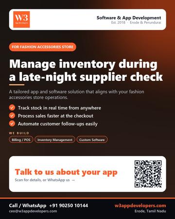 W3AppDevelopers poster for Fashion accessories store: Manage inventory during a late-night supplier check
