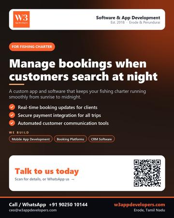W3AppDevelopers poster for Fishing charter: Manage bookings when customers search at night