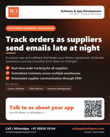W3AppDevelopers poster for Fitness equipment wholesaler: Track orders as suppliers send emails late at night