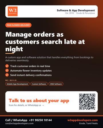 W3AppDevelopers poster for Flower delivery: Manage orders as customers search late at night