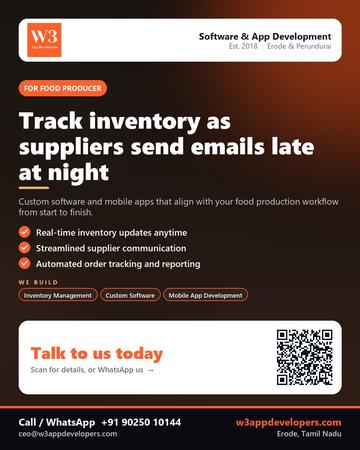 W3AppDevelopers poster for Food producer: Track inventory as suppliers send emails late at night
