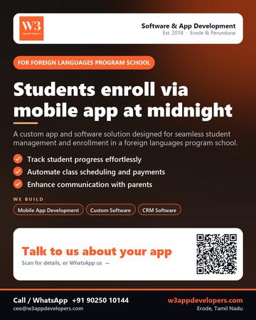 W3AppDevelopers poster for Foreign languages program school: Students enroll via mobile app at midnight