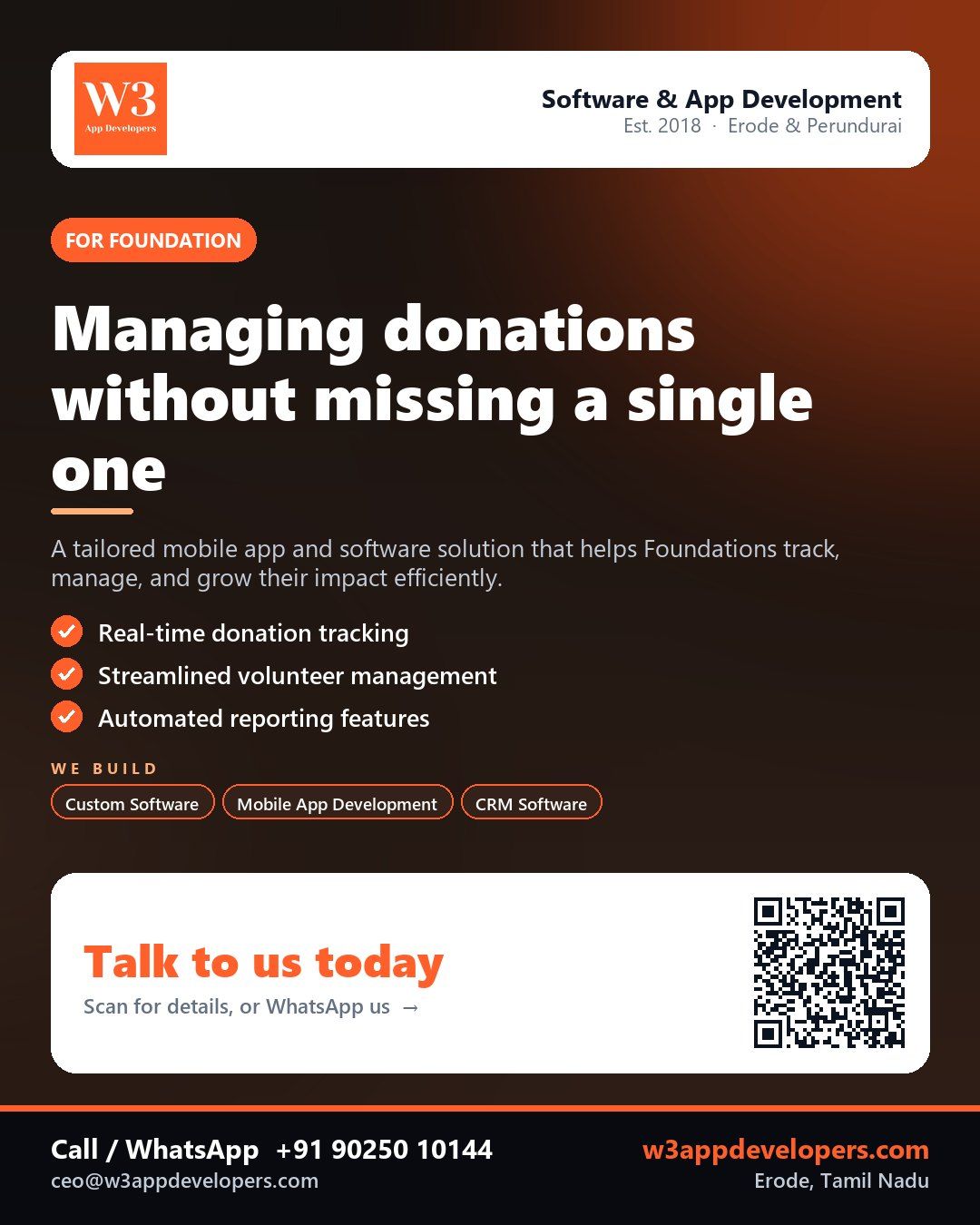 W3AppDevelopers Foundation mobile app and business software solution for NGOs and charities
