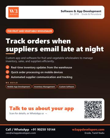 W3AppDevelopers poster for Fruit and vegetable wholesaler: Track orders when suppliers email late at night