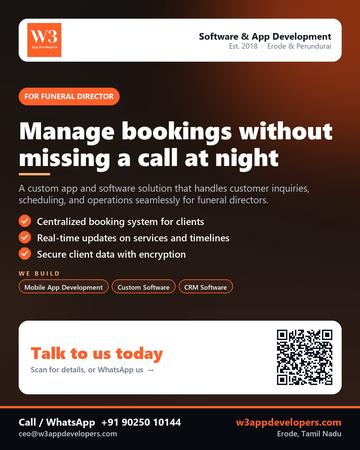 W3AppDevelopers poster for Funeral director: Manage bookings without missing a call at night