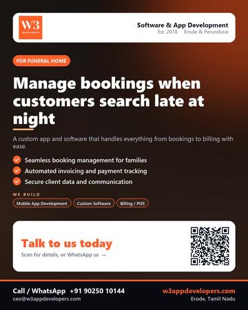 W3AppDevelopers poster for Funeral home: Manage bookings when customers search late at night