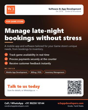 W3AppDevelopers poster for Game store: Manage late-night bookings without stress