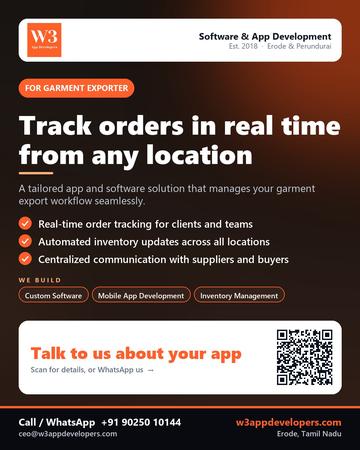 W3AppDevelopers poster for Garment exporter: Track orders in real time from any location
