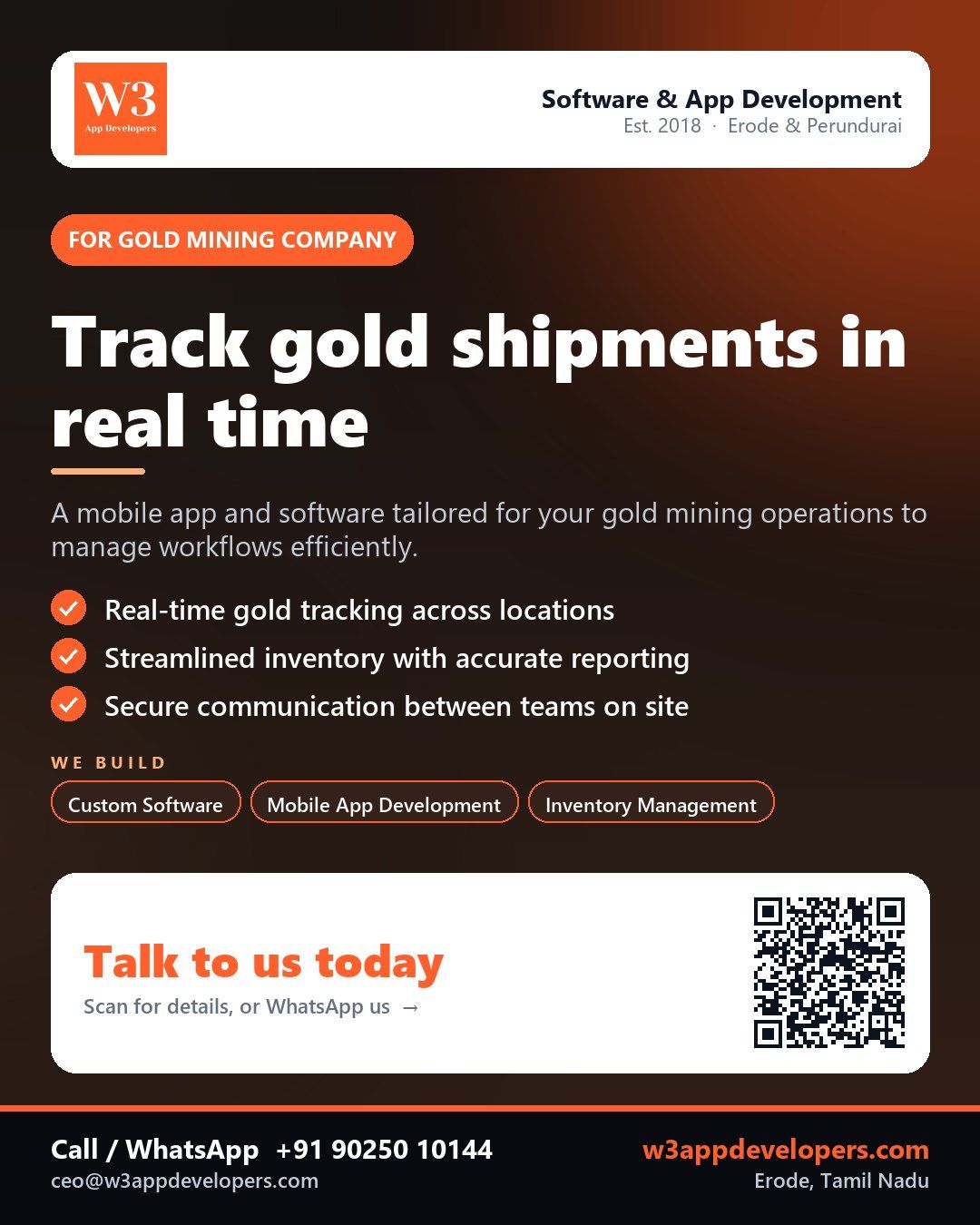 W3AppDevelopers provides custom software for gold mining companies in Erode, Tamil Nadu