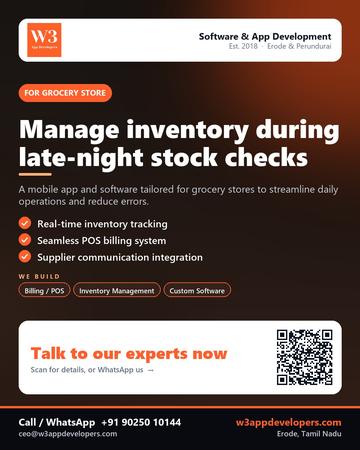 W3AppDevelopers poster for Grocery store: Manage inventory during late-night stock checks