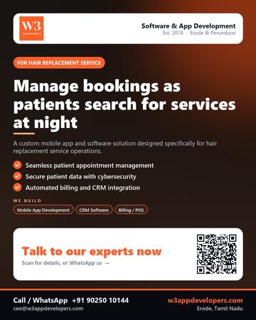 W3AppDevelopers poster for Hair replacement service: Manage bookings as patients search for services at night