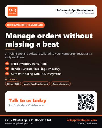 W3AppDevelopers poster for Hamburger restaurant: Manage orders without missing a beat