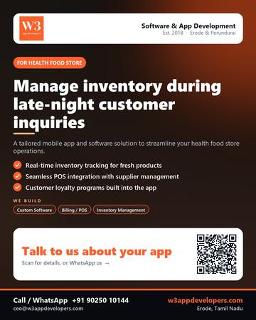 W3AppDevelopers poster for Health food store: Manage inventory during late-night customer inquiries