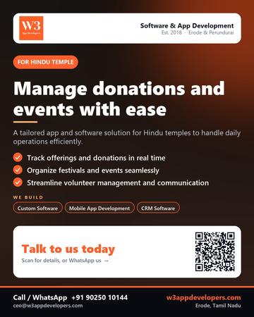 W3AppDevelopers poster for Hindu temple: Manage donations and events with ease