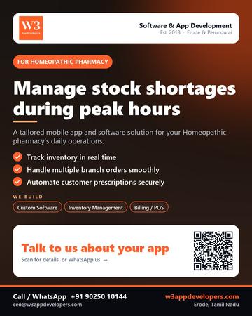 W3AppDevelopers poster for Homeopathic pharmacy: Manage stock shortages during peak hours