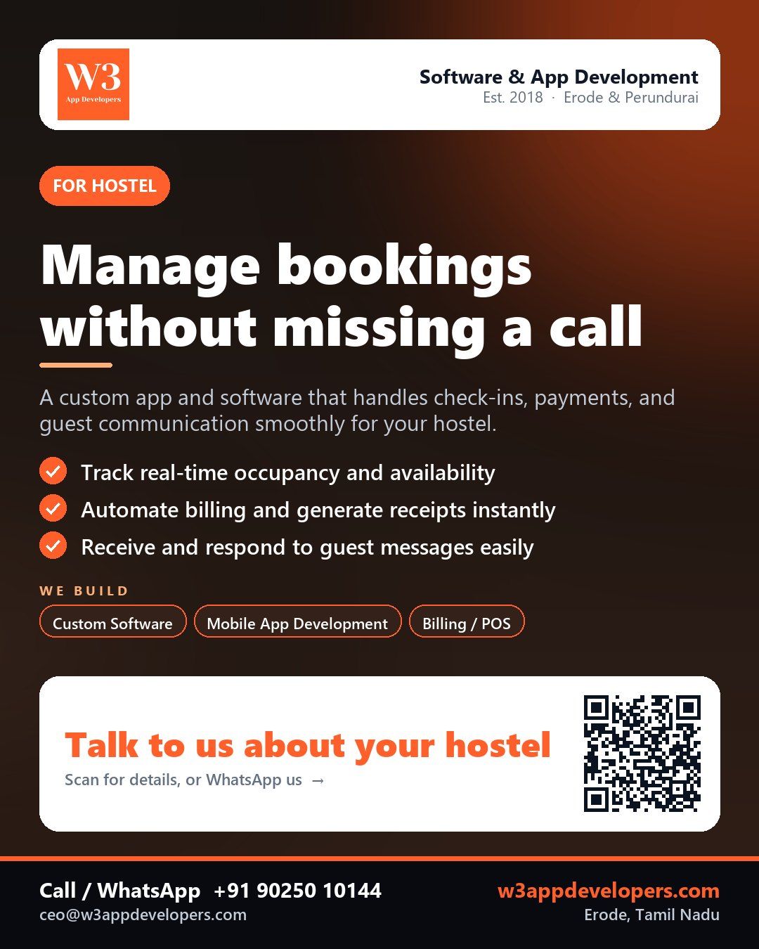 W3AppDevelopers custom app solution for a Hostel with check-in and payment features