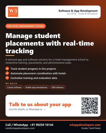 W3AppDevelopers poster for Hotel management school: Manage student placements with real-time tracking