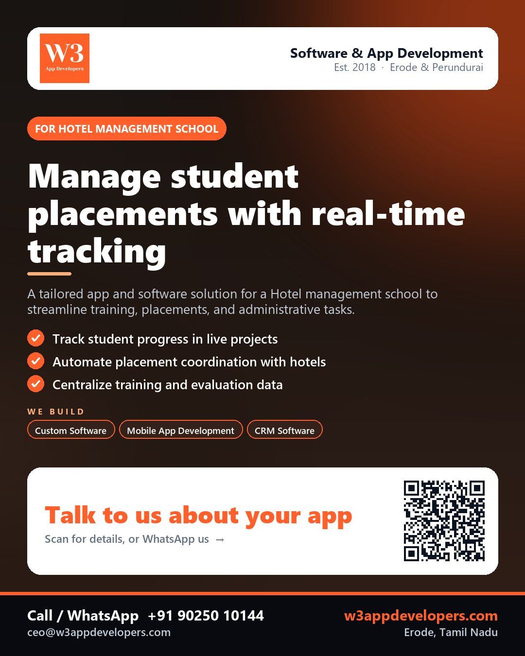 W3AppDevelopers provides custom software for Hotel management schools to manage placements and training effectively.