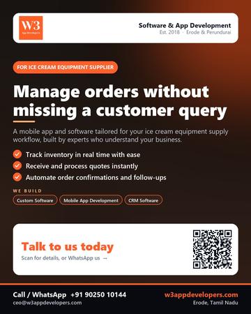 W3AppDevelopers poster for Ice cream equipment supplier: Manage orders without missing a customer query