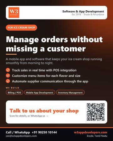 W3AppDevelopers poster for Ice cream shop: Manage orders without missing a customer