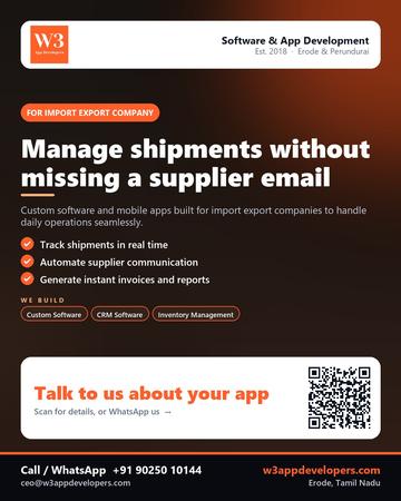 W3AppDevelopers poster for Import export company: Manage shipments without missing a supplier email
