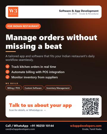 W3AppDevelopers poster for Indian restaurant: Manage orders without missing a beat