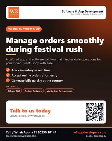 W3AppDevelopers poster for Indian sweets shop: Manage orders smoothly during festival rush