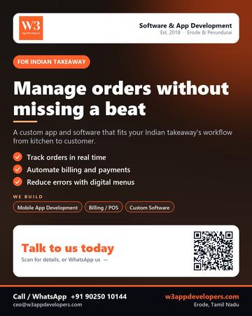 W3AppDevelopers poster for Indian takeaway: Manage orders without missing a beat
