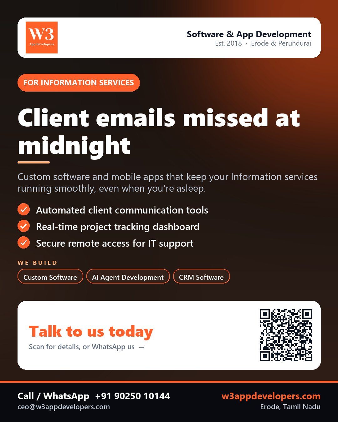 W3AppDevelopers provides custom app and software solutions for Information services businesses in Erode and Tamil Nadu