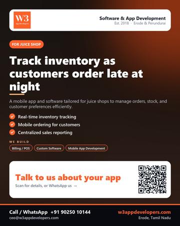 W3AppDevelopers poster for Juice shop: Track inventory as customers order late at night