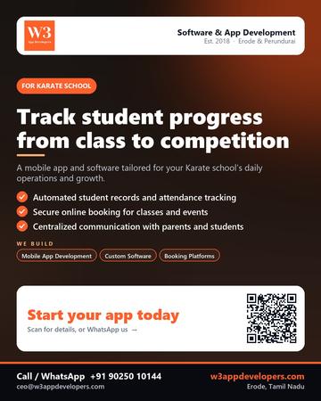 W3AppDevelopers poster for Karate school: Track student progress from class to competition