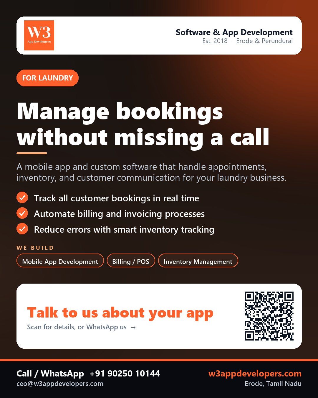 Laundry business app development by W3AppDevelopers, helping manage bookings and inventory.