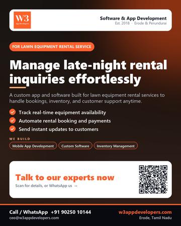 W3AppDevelopers poster for Lawn equipment rental service: Manage late-night rental inquiries effortlessly