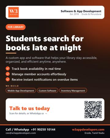 W3AppDevelopers poster for Library: Students search for books late at night