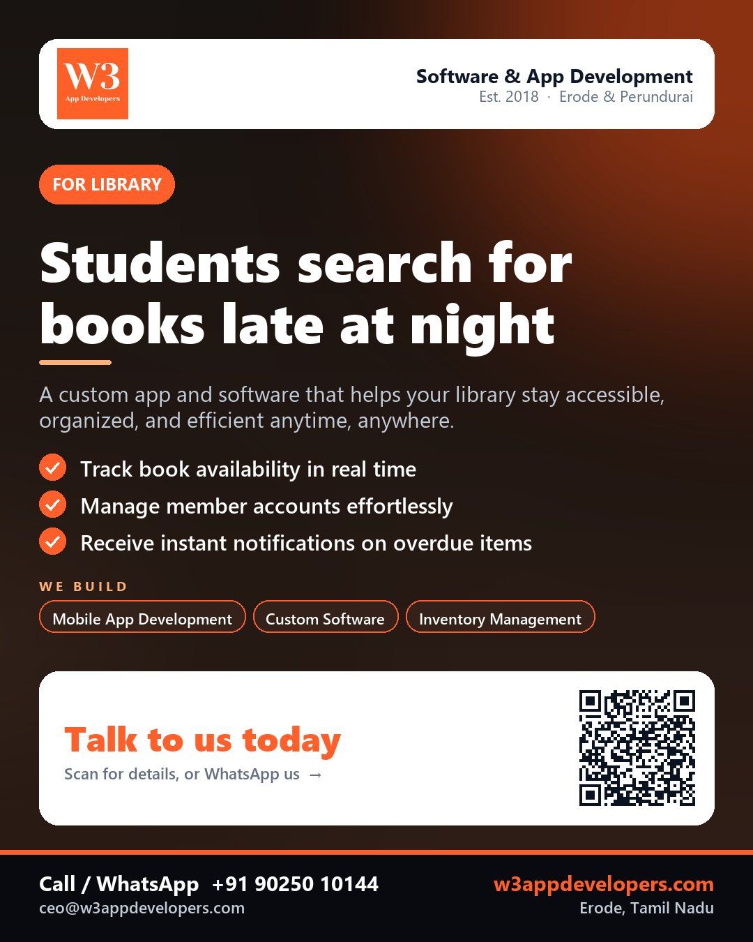 W3AppDevelopers custom library app and software solution for efficient book tracking and member management