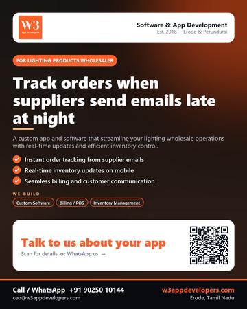 W3AppDevelopers poster for Lighting products wholesaler: Track orders when suppliers send emails late at night
