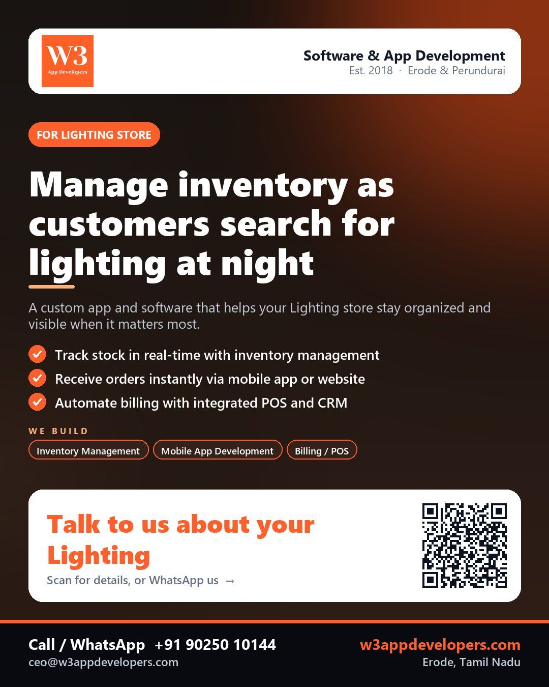 W3AppDevelopers custom software for a Lighting store with inventory, billing and mobile app features