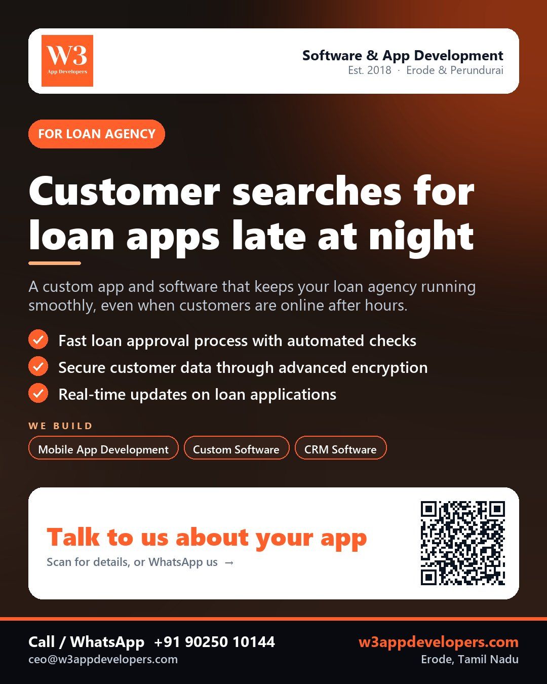 W3AppDevelopers creates custom apps for loan agencies in Erode and Perundurai, Tamil Nadu