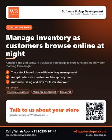 W3AppDevelopers poster for Luggage store: Manage inventory as customers browse online at night