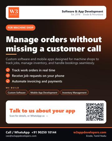 W3AppDevelopers poster for Machine shop: Manage orders without missing a customer call
