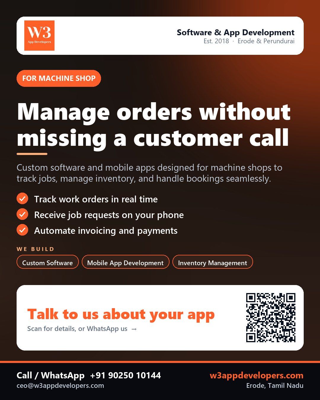 W3AppDevelopers - Custom mobile app and software for Machine shops in Erode and Perundurai