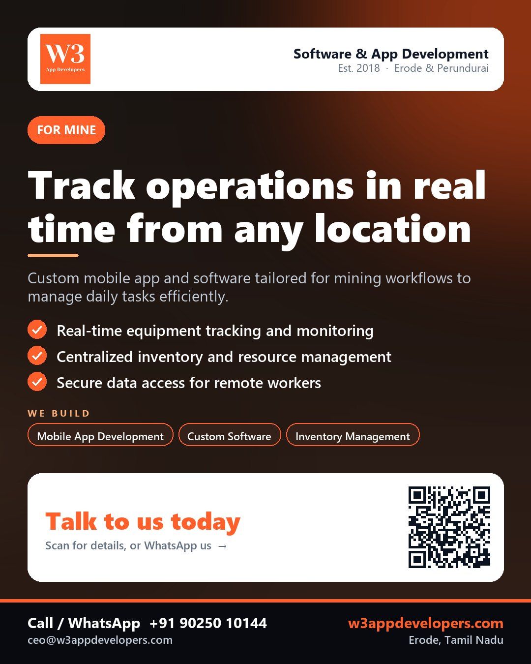 W3AppDevelopers custom software for Mines with mobile app interface showing real-time operations