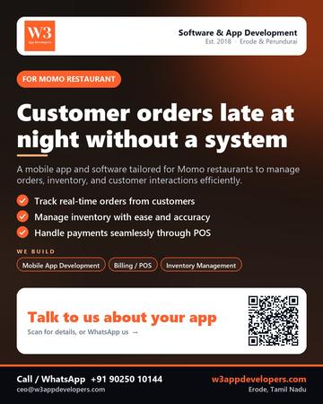 W3AppDevelopers poster for Momo restaurant: Customer orders late at night without a system