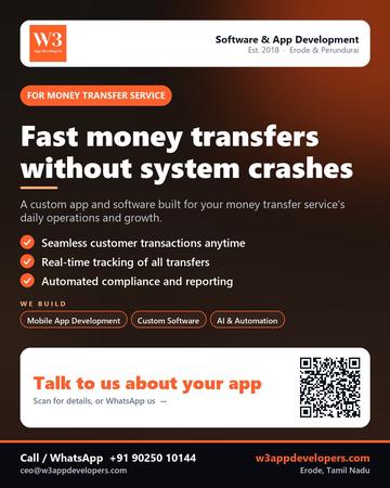 W3AppDevelopers poster for Money transfer service: Fast money transfers without system crashes