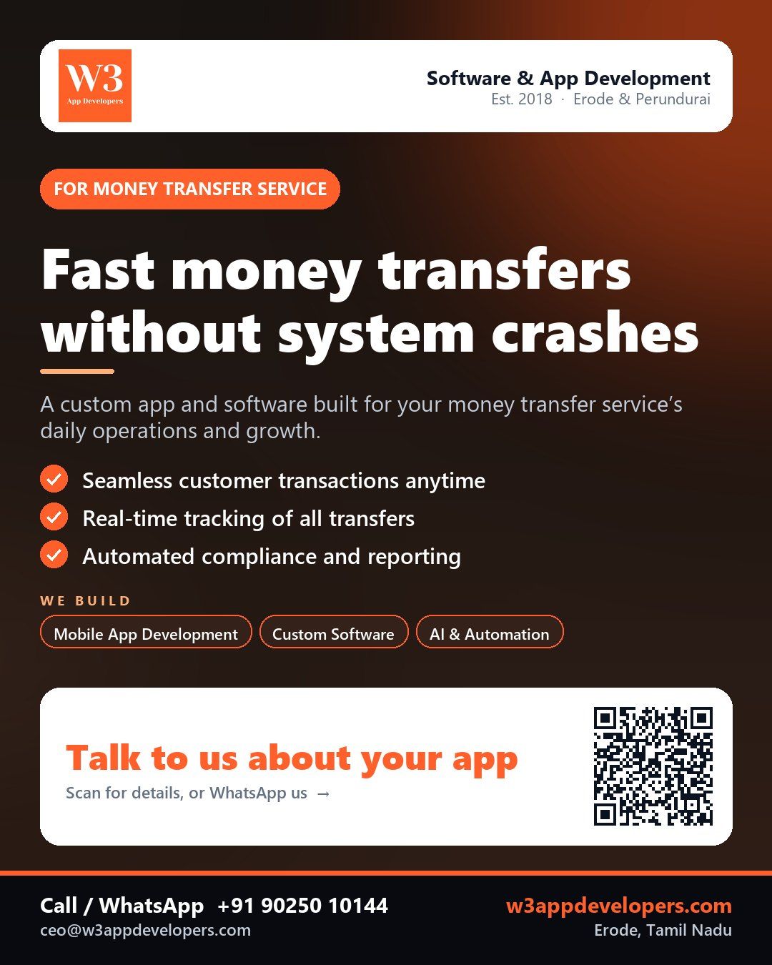 W3AppDevelopers provides custom app development for money transfer services in Erode and Perundurai