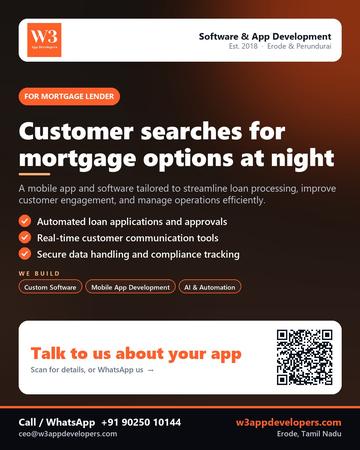 W3AppDevelopers poster for Mortgage lender: Customer searches for mortgage options at night