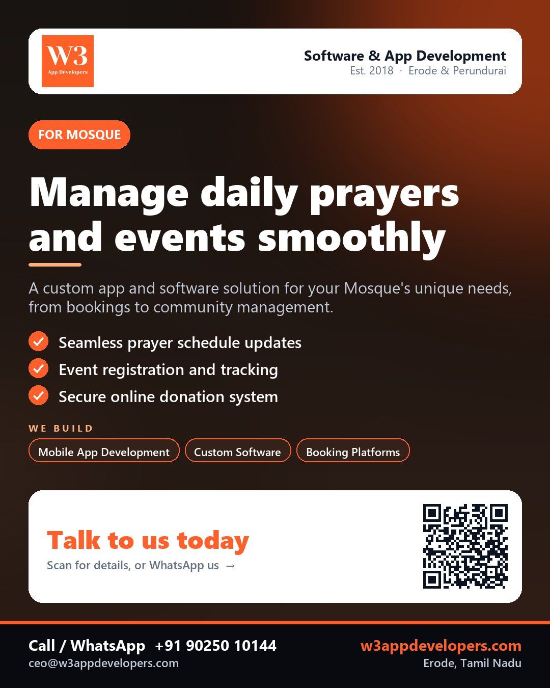 W3AppDevelopers provides custom app and software solutions for Mosques in Erode and Perundurai