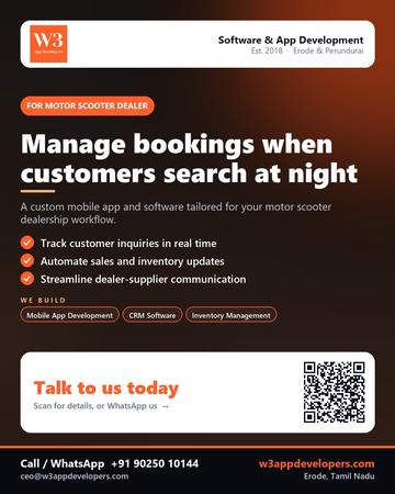 W3AppDevelopers poster for Motor scooter dealer: Manage bookings when customers search at night